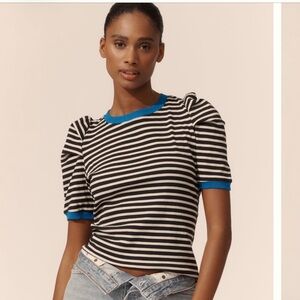 Anthropologie Rib Black and White Striped Top with Blue Trim